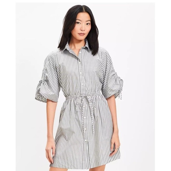 LOFT Striped Poplin Shirtdress Size 6 Tie Waist Mini Cotton - Picture 2 of 14